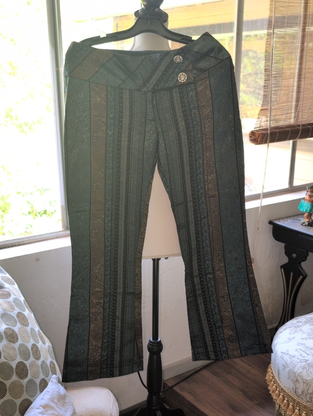 Single Green and Black Patterned Boot Cut Pants